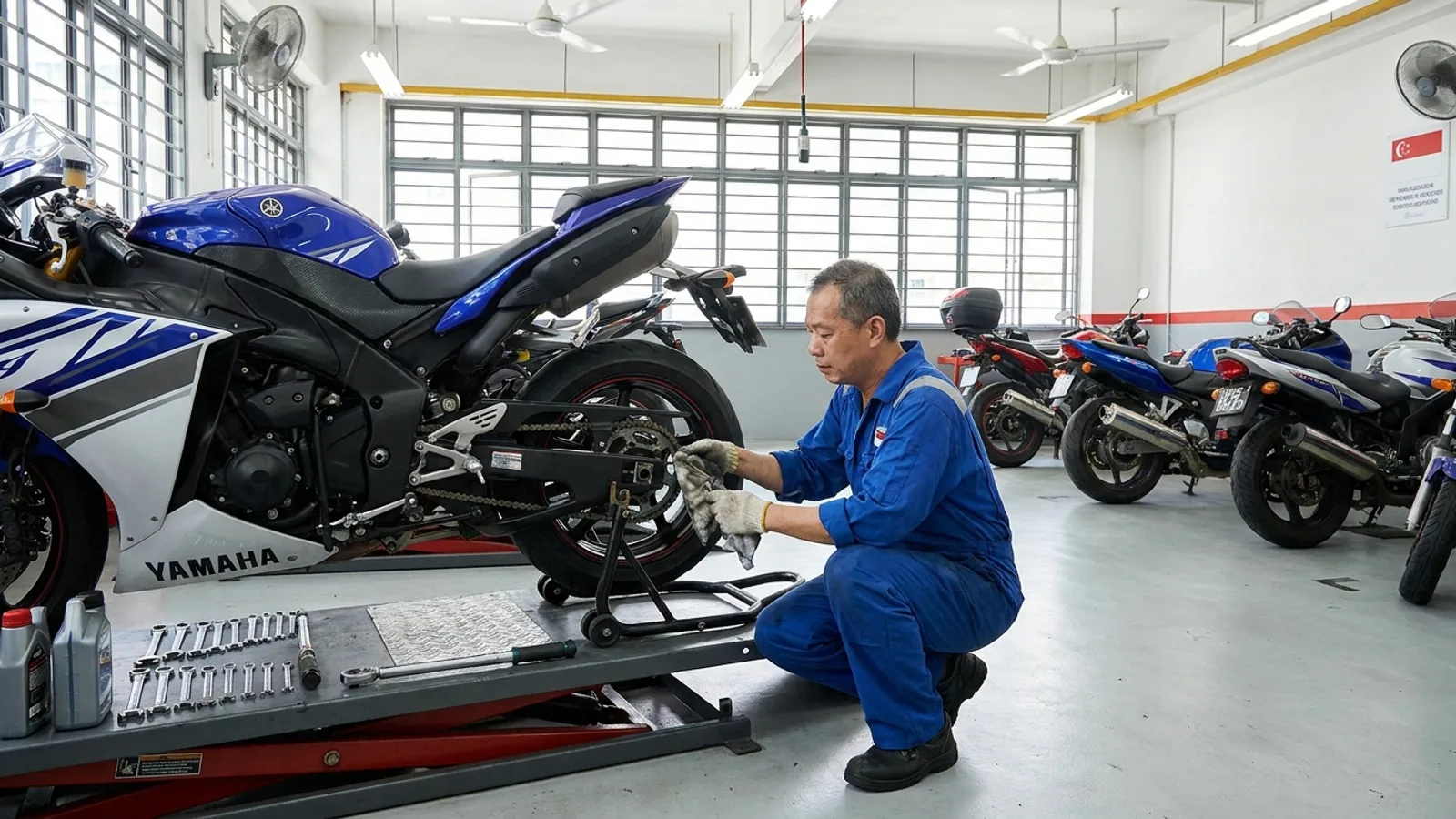 A motorcycle mechanic in a clean workshop servicing a bike on a stand, checking the chain and engine oil under bright shop lighting with tools laid out neatly