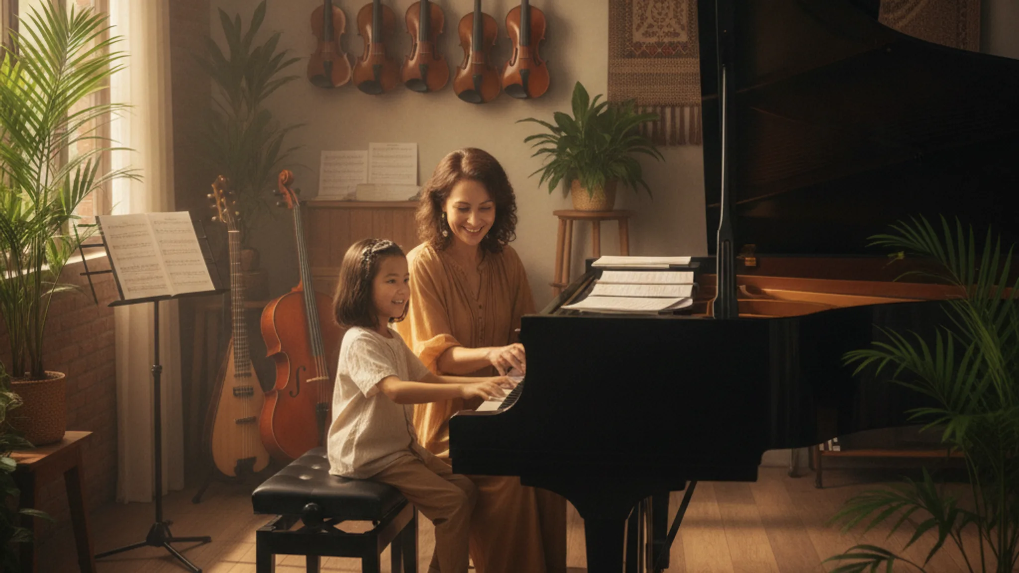 A child learning piano with a teacher in a warm music school studio in Singapore, with violins and instruments in the background