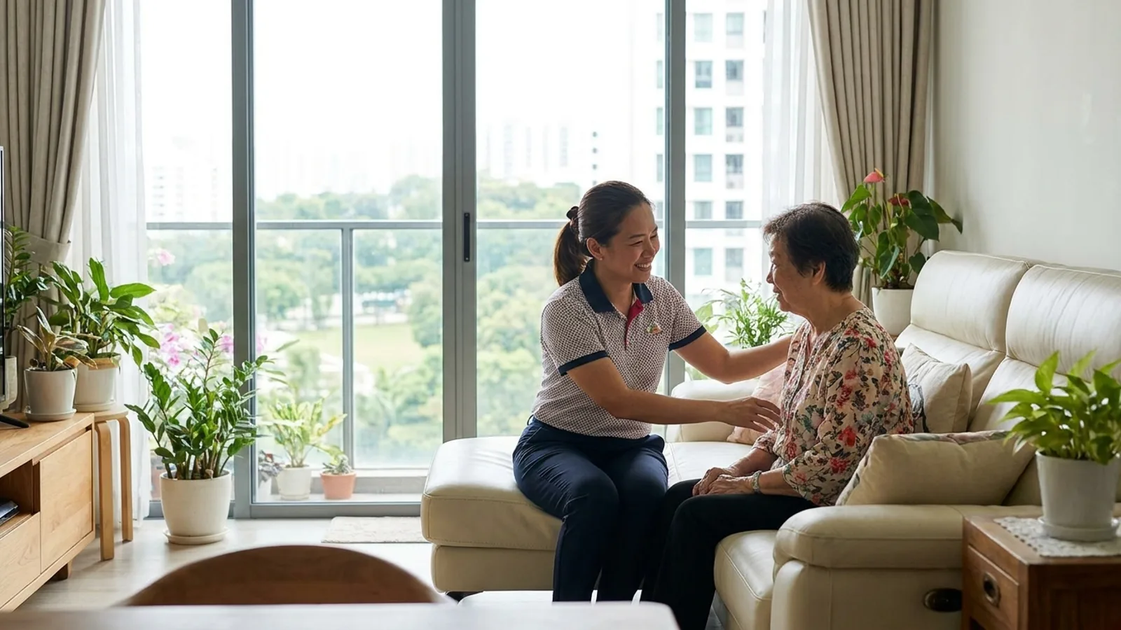 A Myanmar domestic helper caring for an elderly woman in a bright Singapore HDB living room, representing the best Myanmar maid agencies in Singapore
