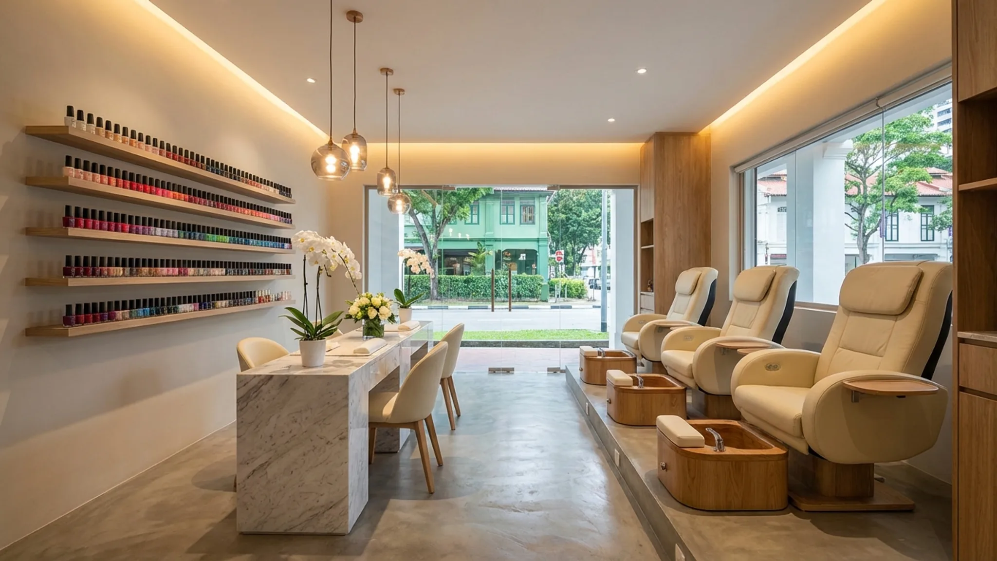 Modern nail salon interior in Singapore with elegant manicure stations and colourful nail polish displays representing the best nail salons in Singapore
