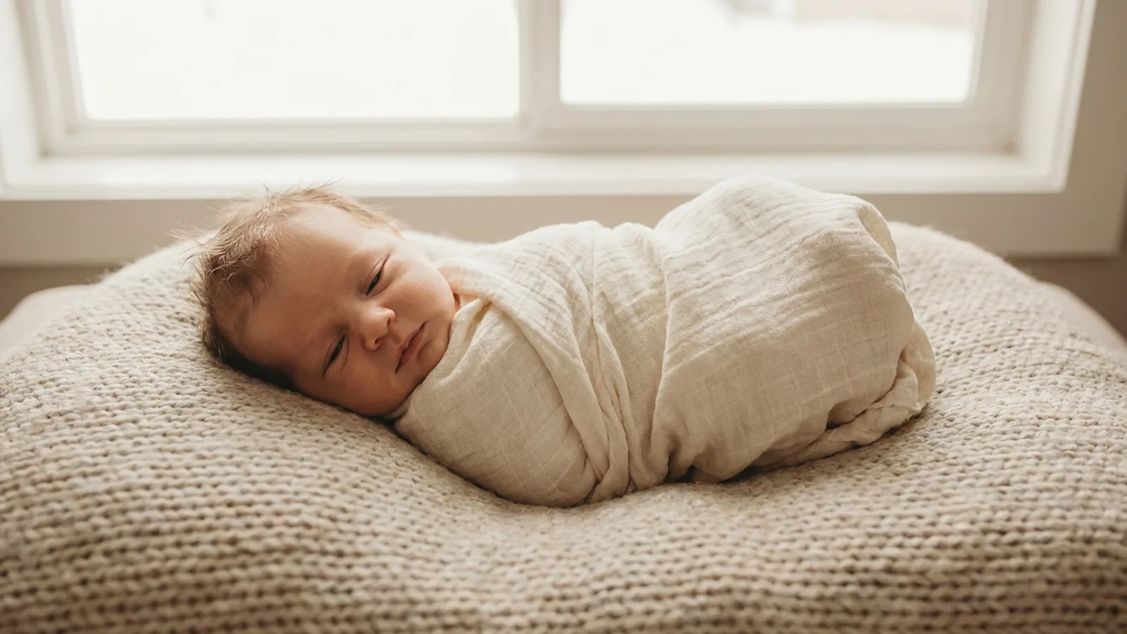 A newborn baby sleeping peacefully wrapped in soft neutral fabric during a studio newborn photoshoot in Singapore
