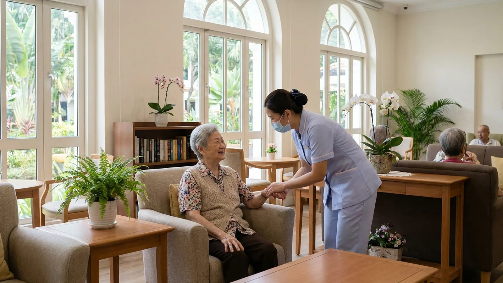 A warm, dignified Singapore nursing home common area with an elderly resident and a caring nurse beside sunlit windows