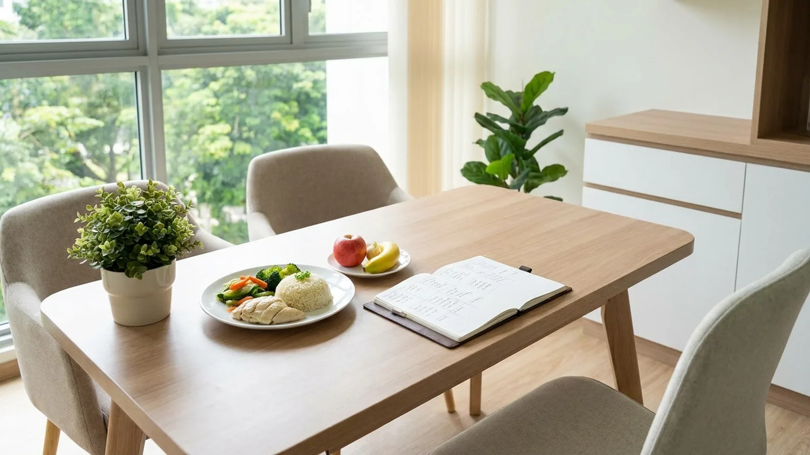 A dietitian consultation room in a bright Singapore clinic with a desk, food models and meal plan notes