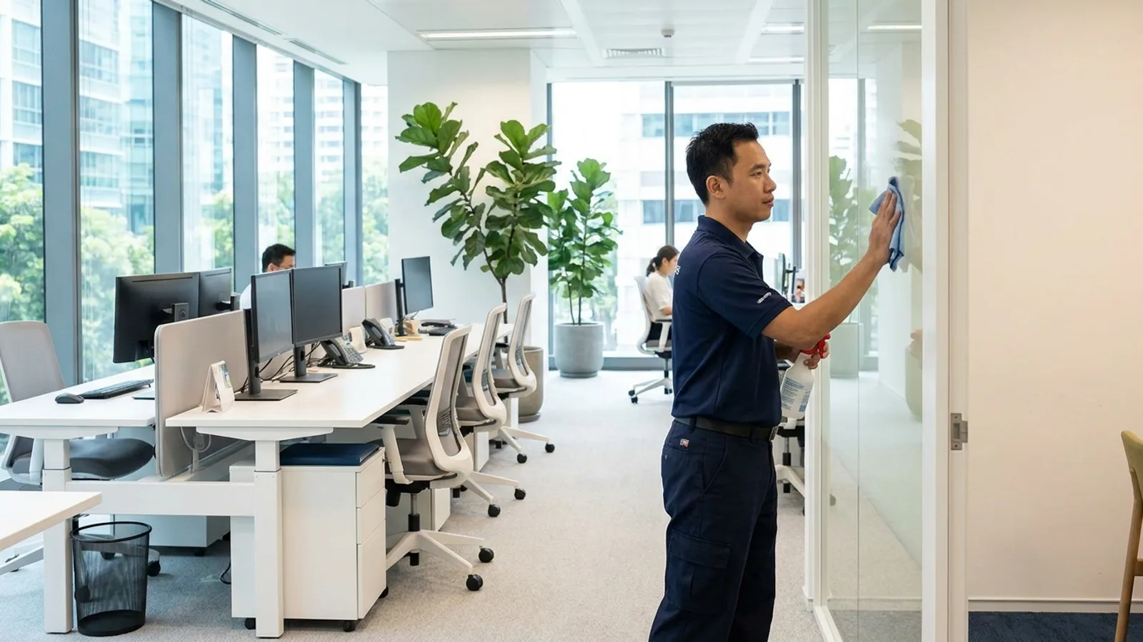 A professional cleaner wiping down workstations and glass partitions in a bright Singapore office