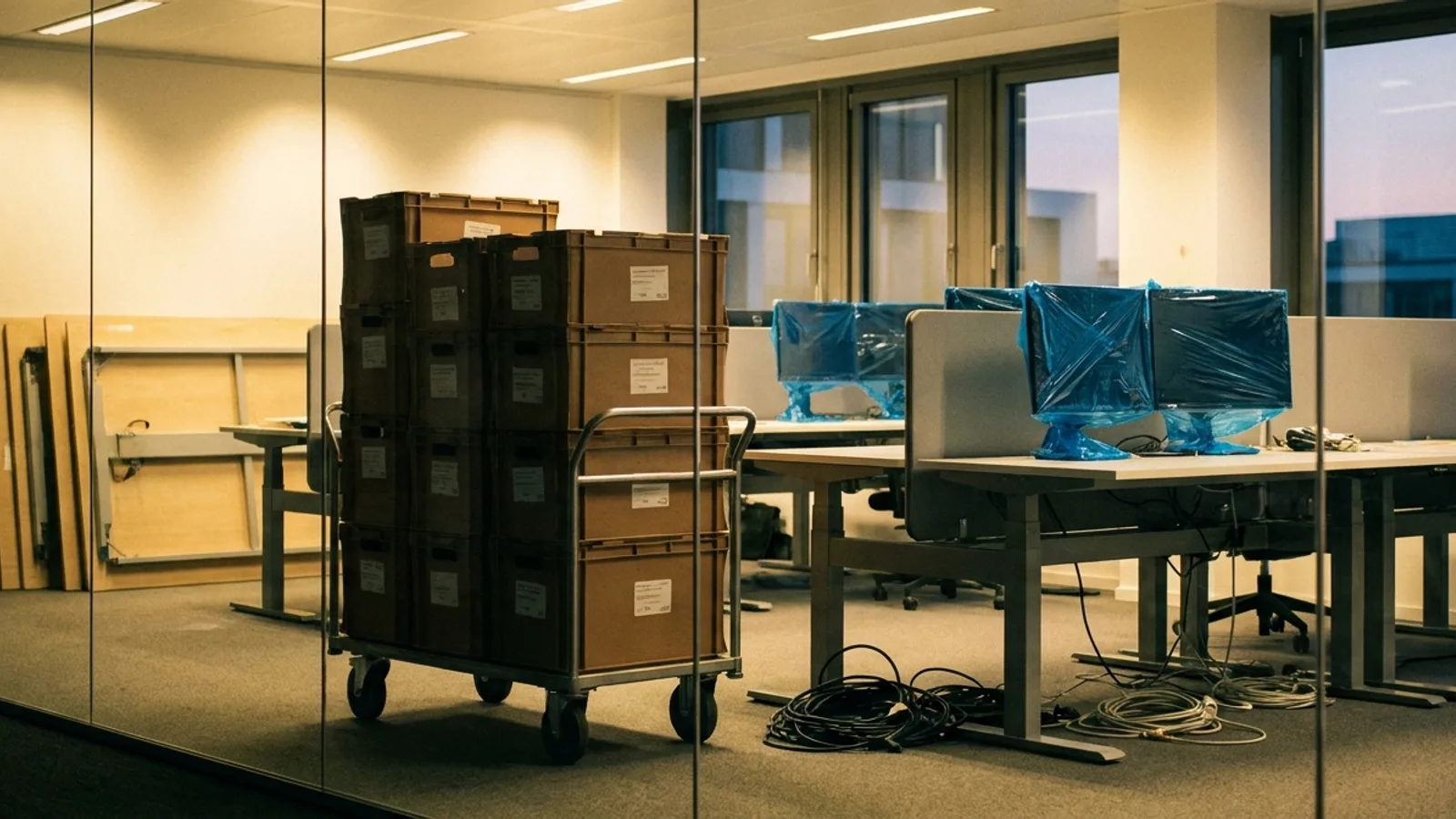 An office mid-relocation with labelled crates on a trolley, disassembled desks and wrapped monitors