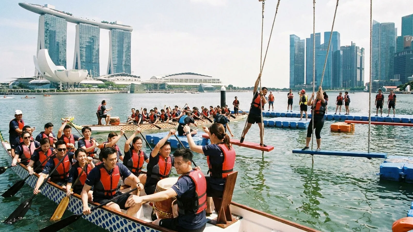 A corporate team doing an outdoor team building activity in Singapore, a dragon boat or obstacle challenge by the water on a sunny day