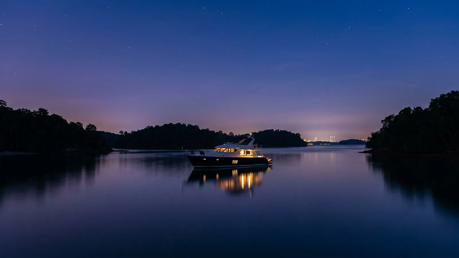 A yacht anchored overnight in a calm cove off the Southern Islands in Singapore under a twilight sky
