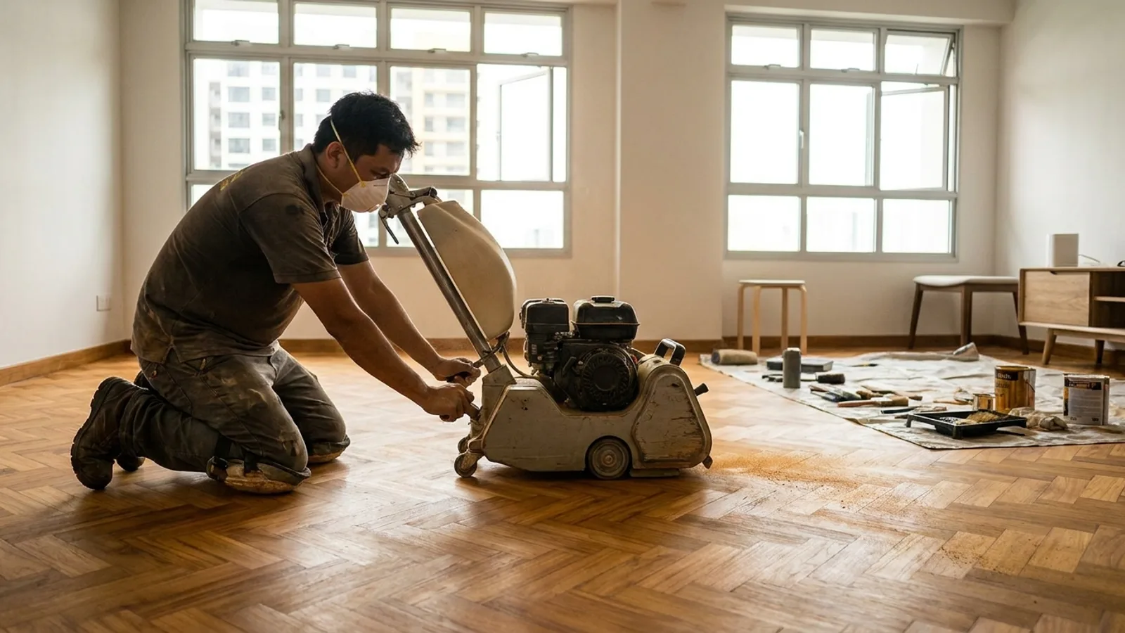 A craftsman sanding and re-varnishing herringbone parquet flooring in a bright Singapore HDB living room