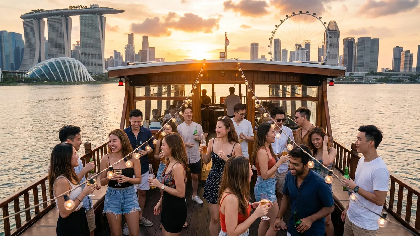 A group of friends celebrating on a party boat off Singapore at sunset with string lights