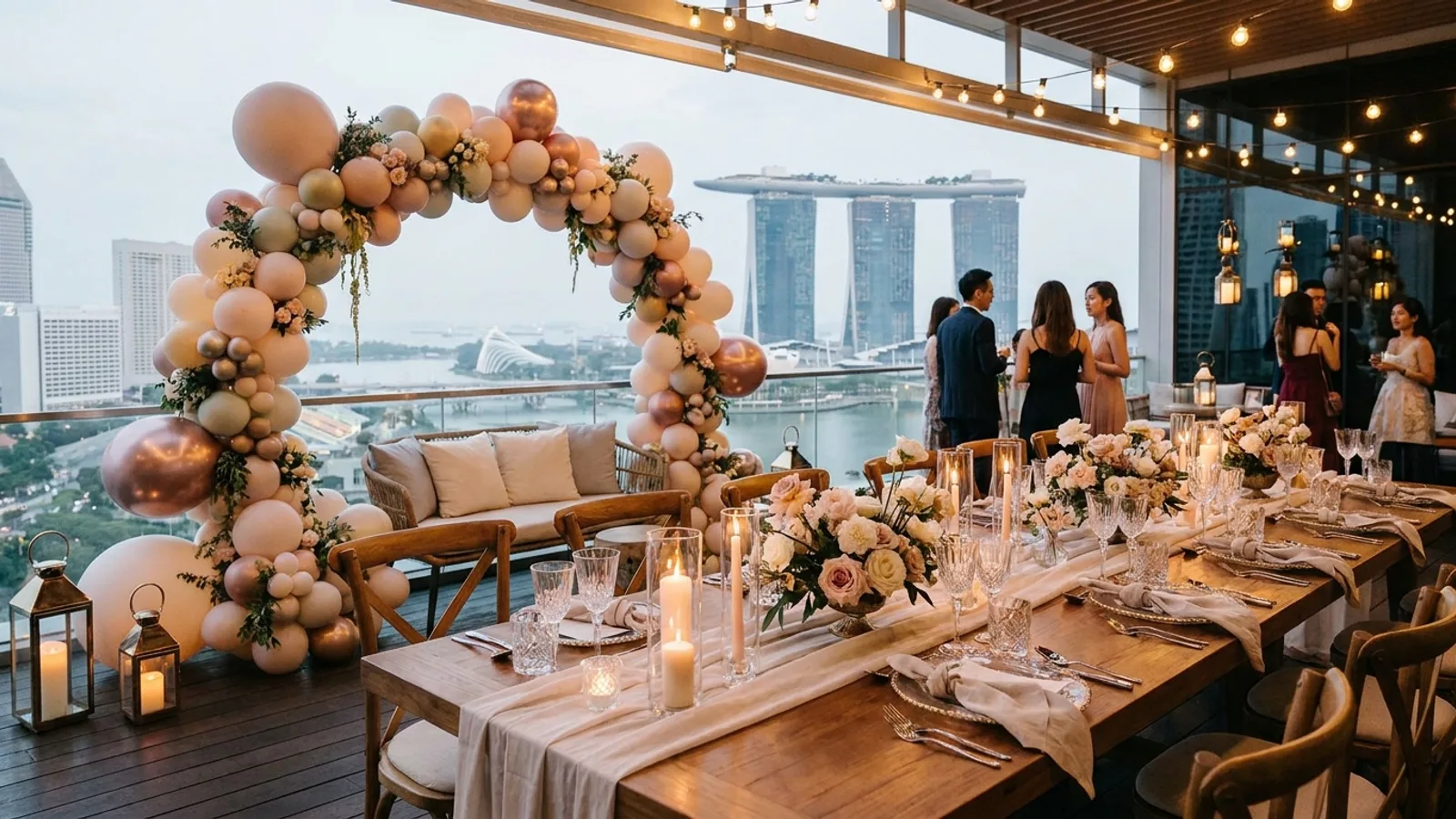 A beautifully styled private party in Singapore with a decorated table, backdrop and balloon styling by an event planner