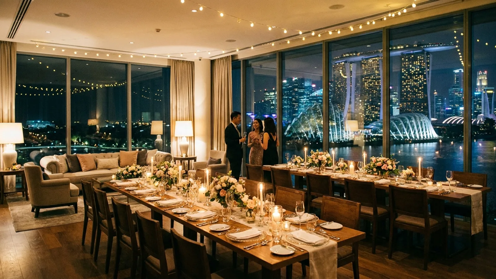 A stylish private party venue in Singapore set up for a celebration with decorations, seating and warm lighting