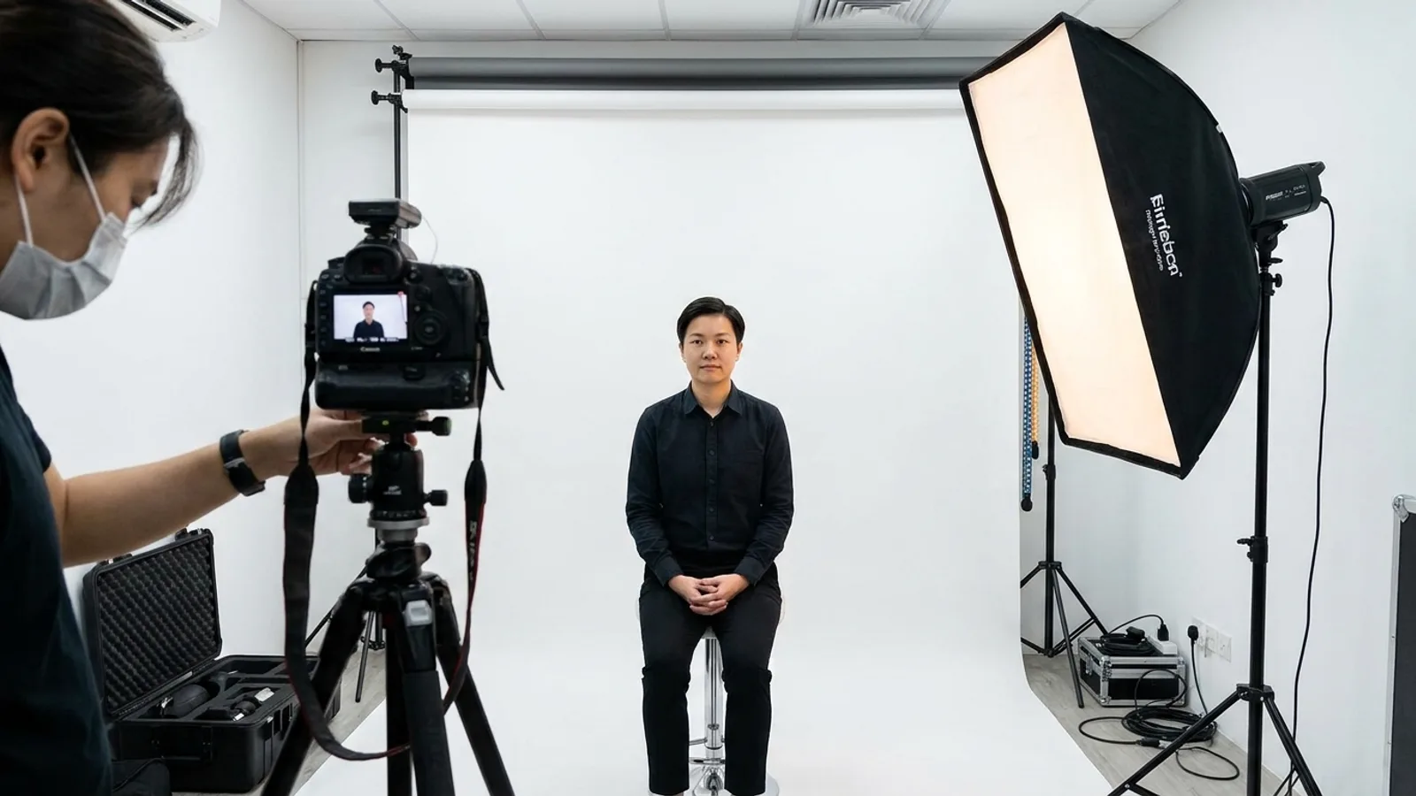 A person having an ICA-compliant passport photo taken against a plain white background in a Singapore studio