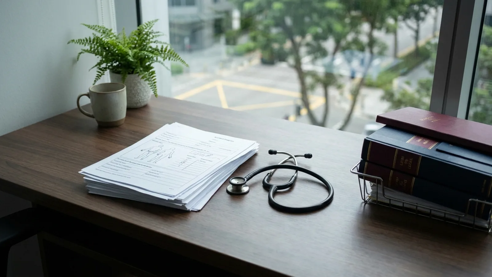 A personal injury lawyer reviewing an accident claim file with a client in a Singapore law office