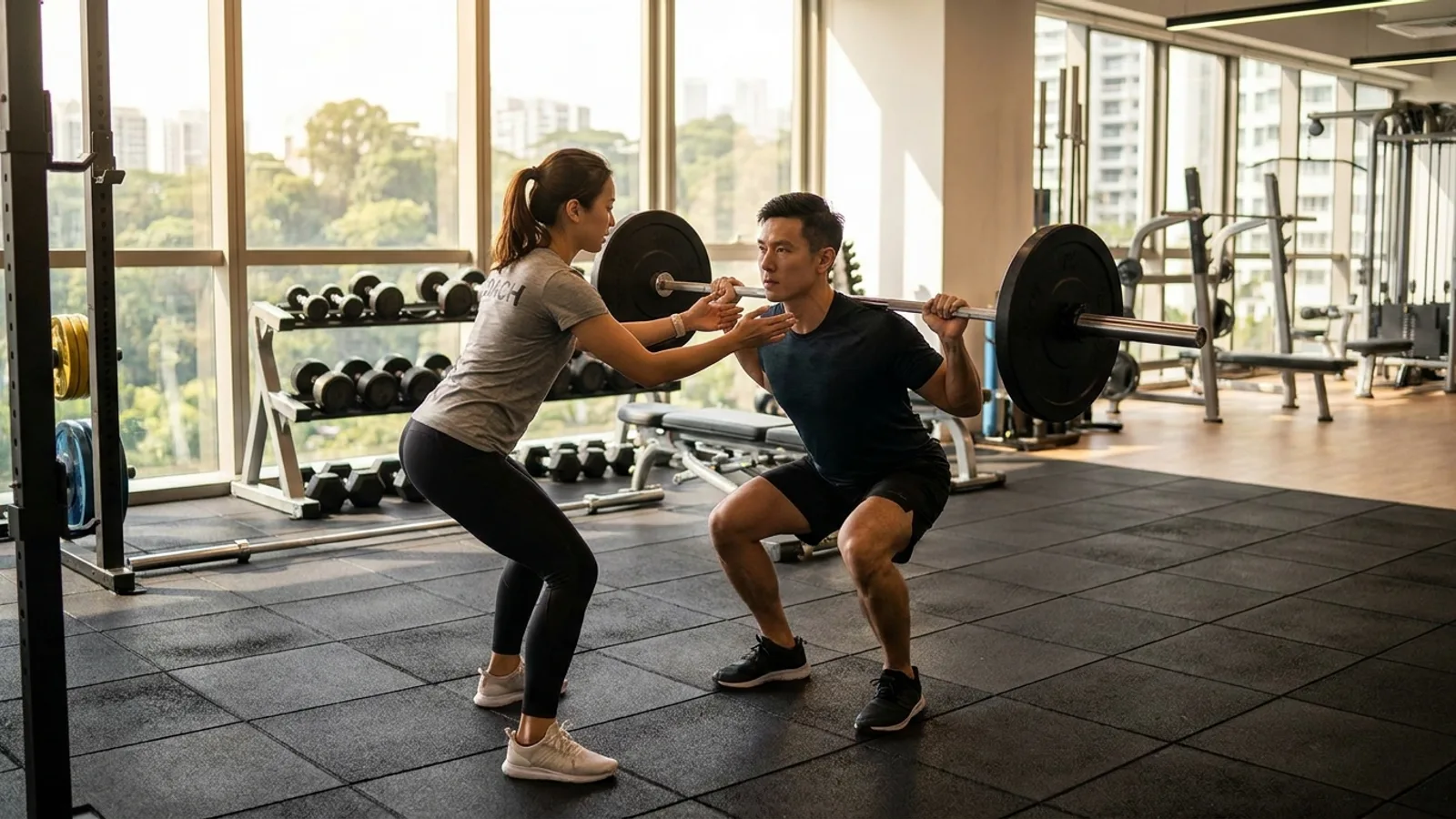 A personal trainer coaching a client through a barbell lift in a bright Singapore private training studio
