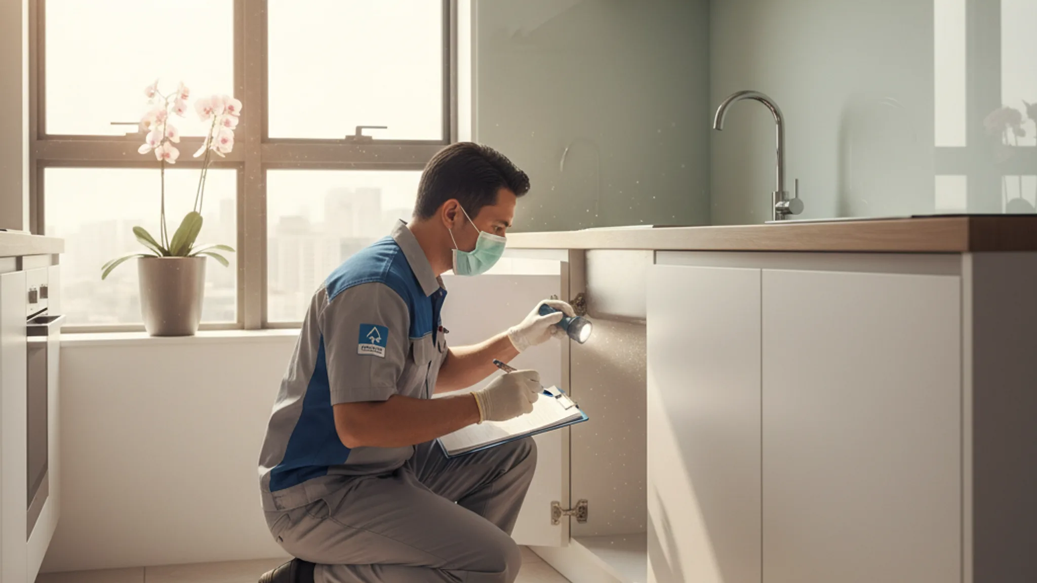 Professional pest control technician inspecting a Singapore HDB kitchen, representing the best pest control services in Singapore for 2026