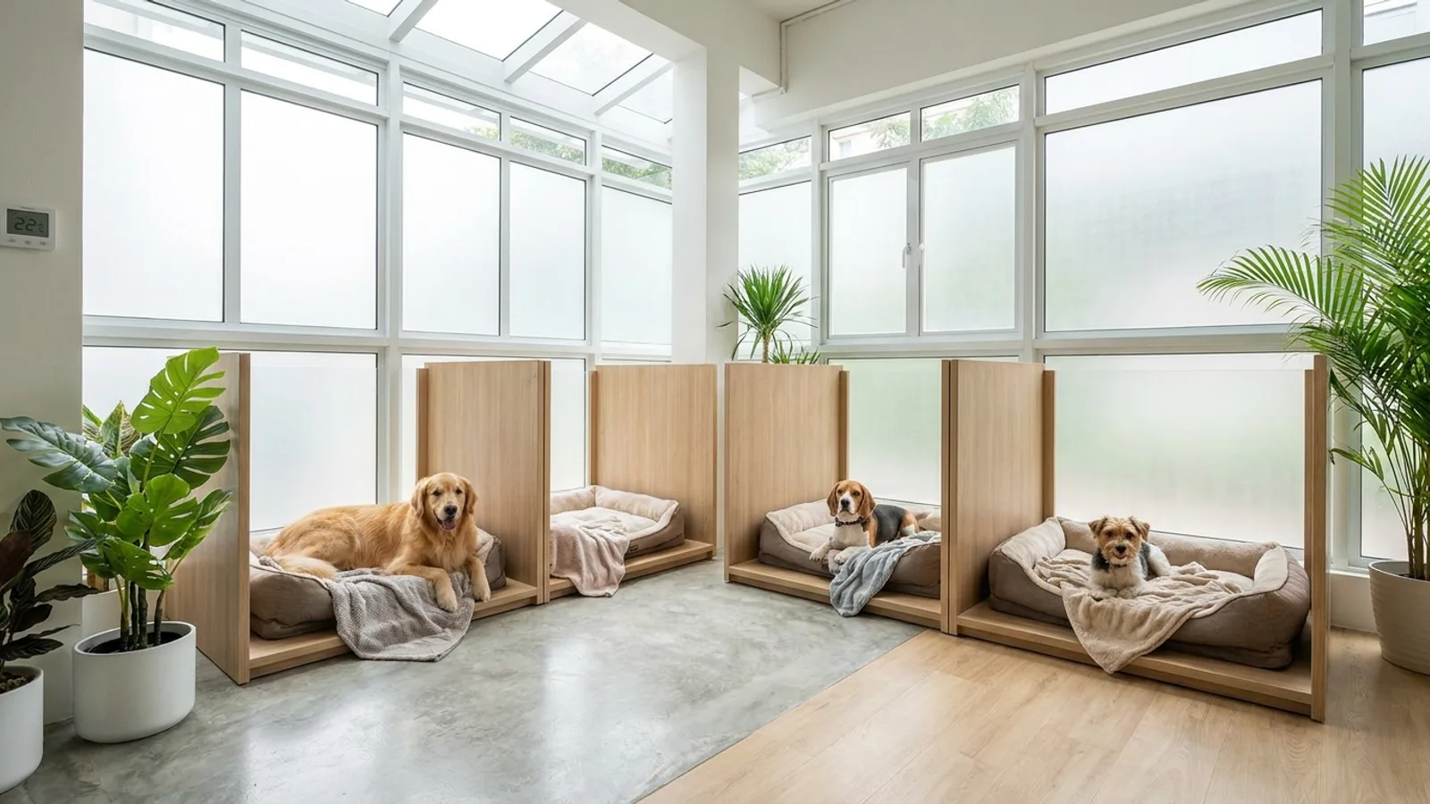 Happy dogs resting in a clean, air-conditioned pet hotel suite in Singapore while boarding