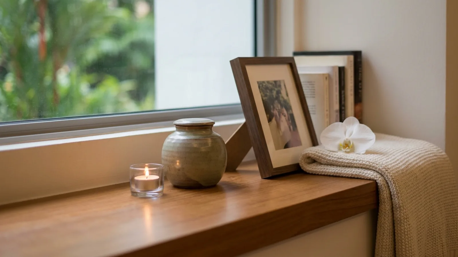 A quiet memorial for a beloved pet in Singapore with a candle, a small urn and a framed photo in soft warm light