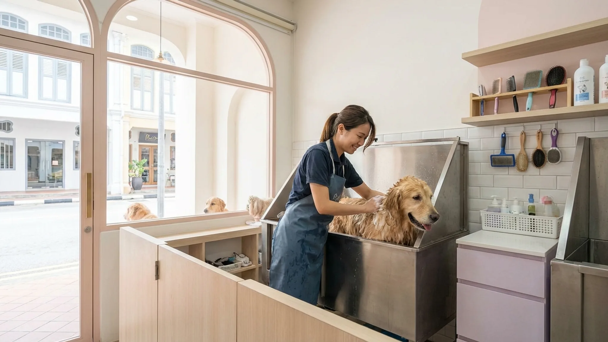 Professional pet grooming salon in Singapore with a groomer gently caring for a dog in a clean modern setting