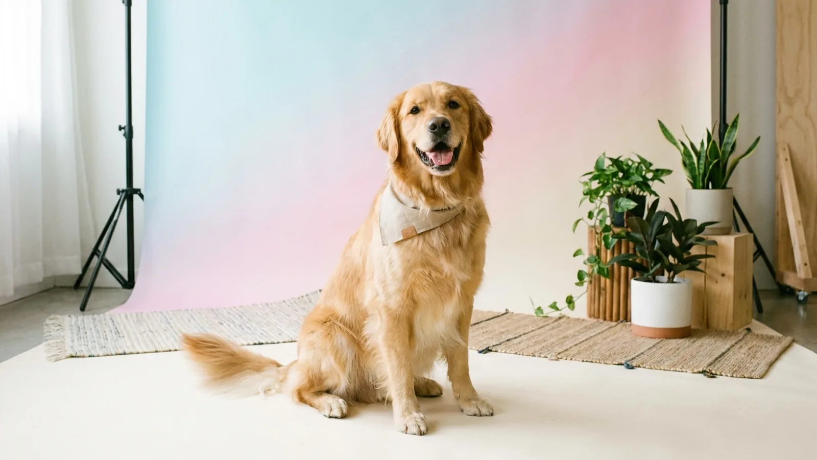 A dog posing happily for a portrait in a bright pet-friendly photography studio in Singapore