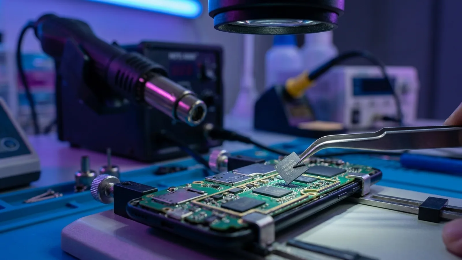 A smartphone logic board under a microscope on a micro-soldering bench in a Singapore data recovery lab, with a NAND memory chip being extracted for chip-off recovery