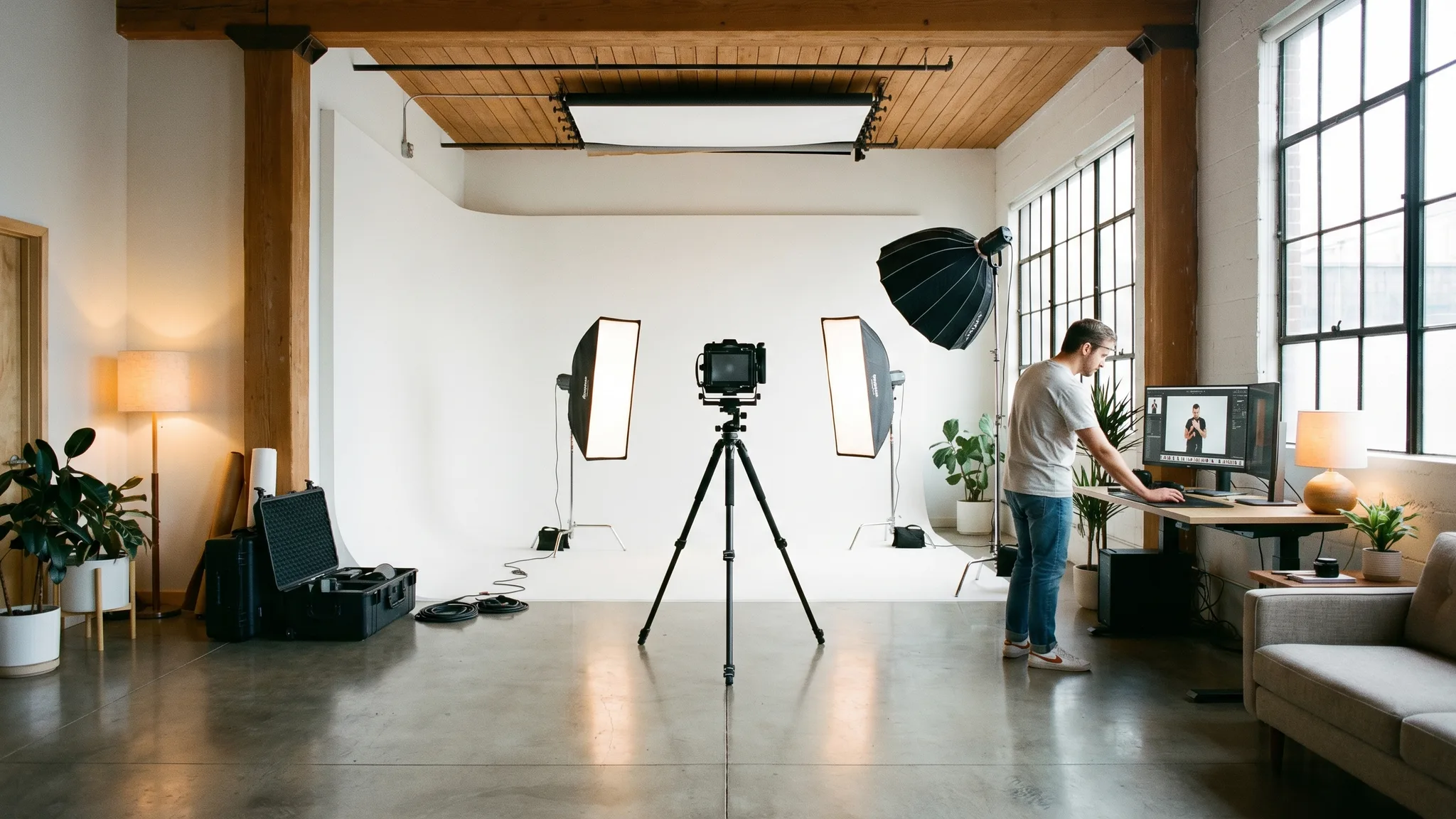 Professional photography studio interior with lighting equipment and camera setup in Singapore
