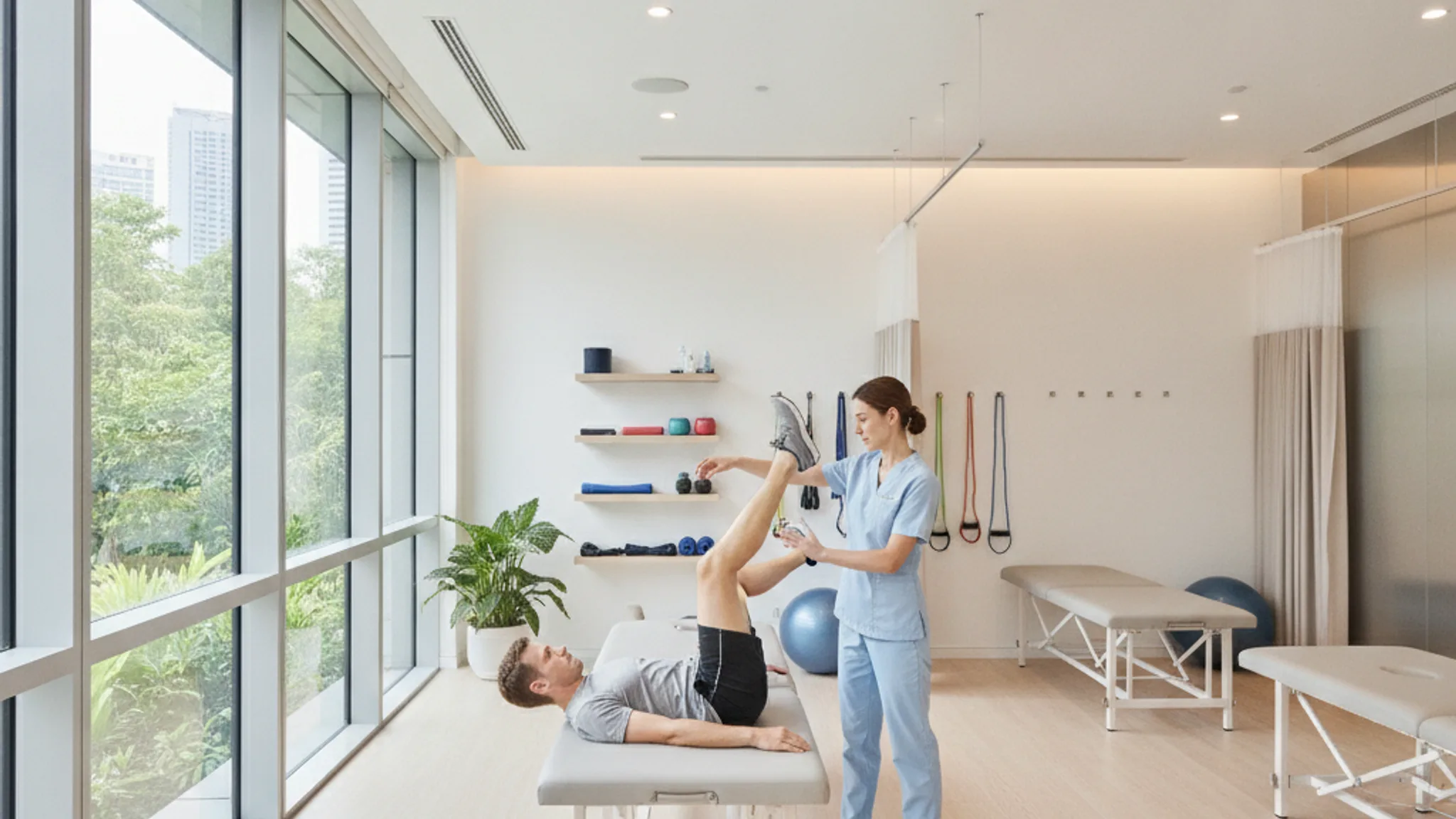 A physiotherapist guiding a patient through rehab exercises in a bright modern physiotherapy clinic in Singapore