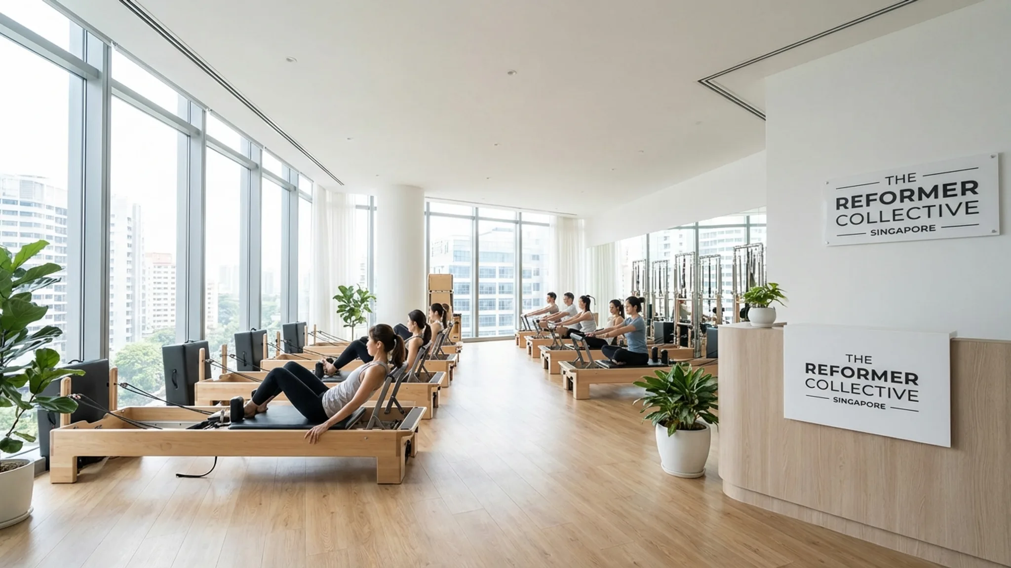Modern reformer Pilates studio interior in Singapore with sleek machines and natural lighting