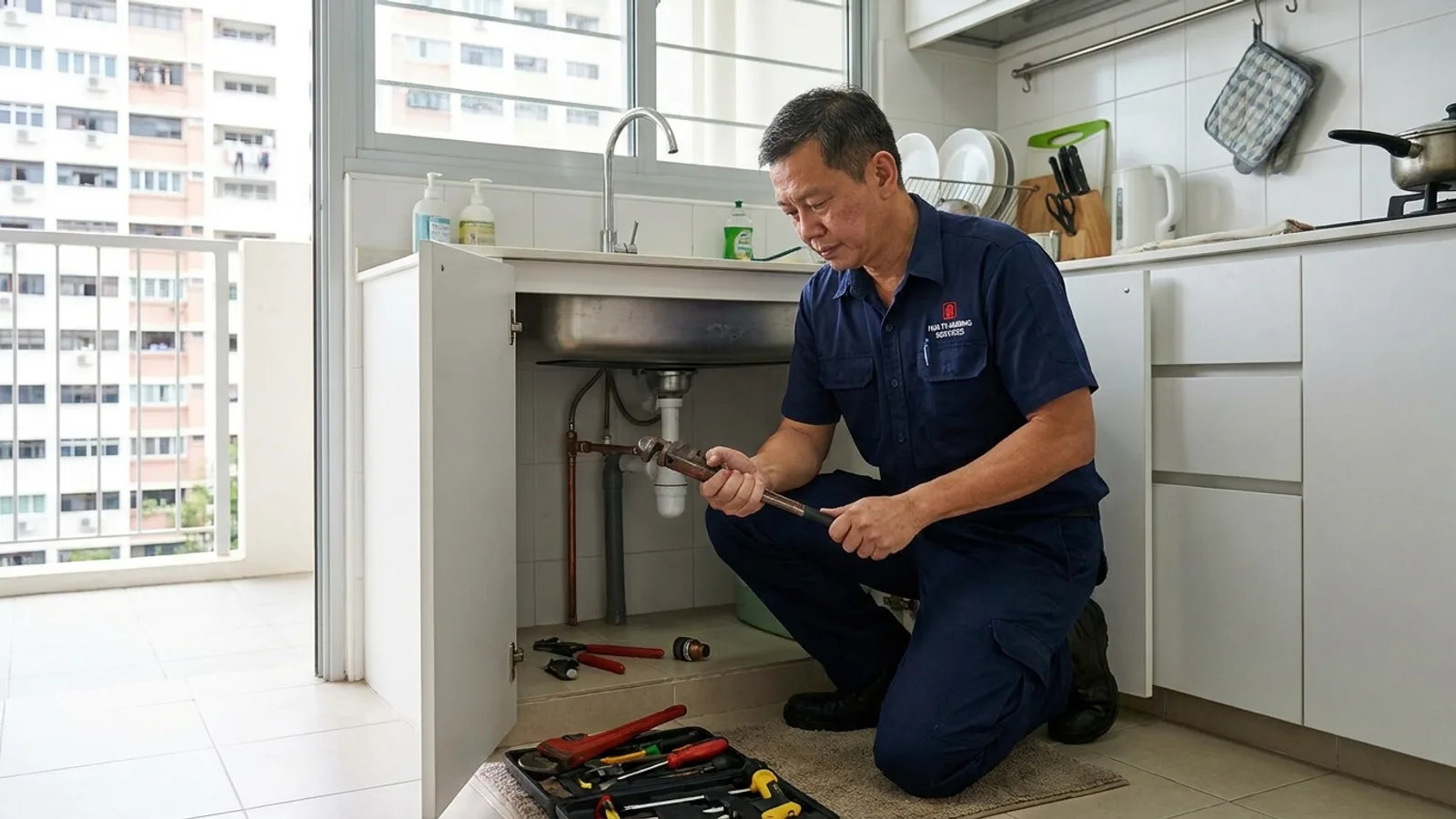 A PUB-licensed plumber repairing a leaking pipe under the kitchen sink of an HDB flat in Singapore
