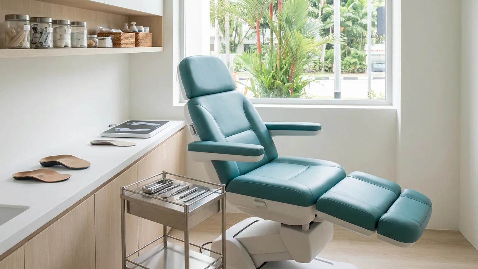 A podiatry clinic treatment room with a reclining chair, instrument trolley and custom orthotic insoles on a counter