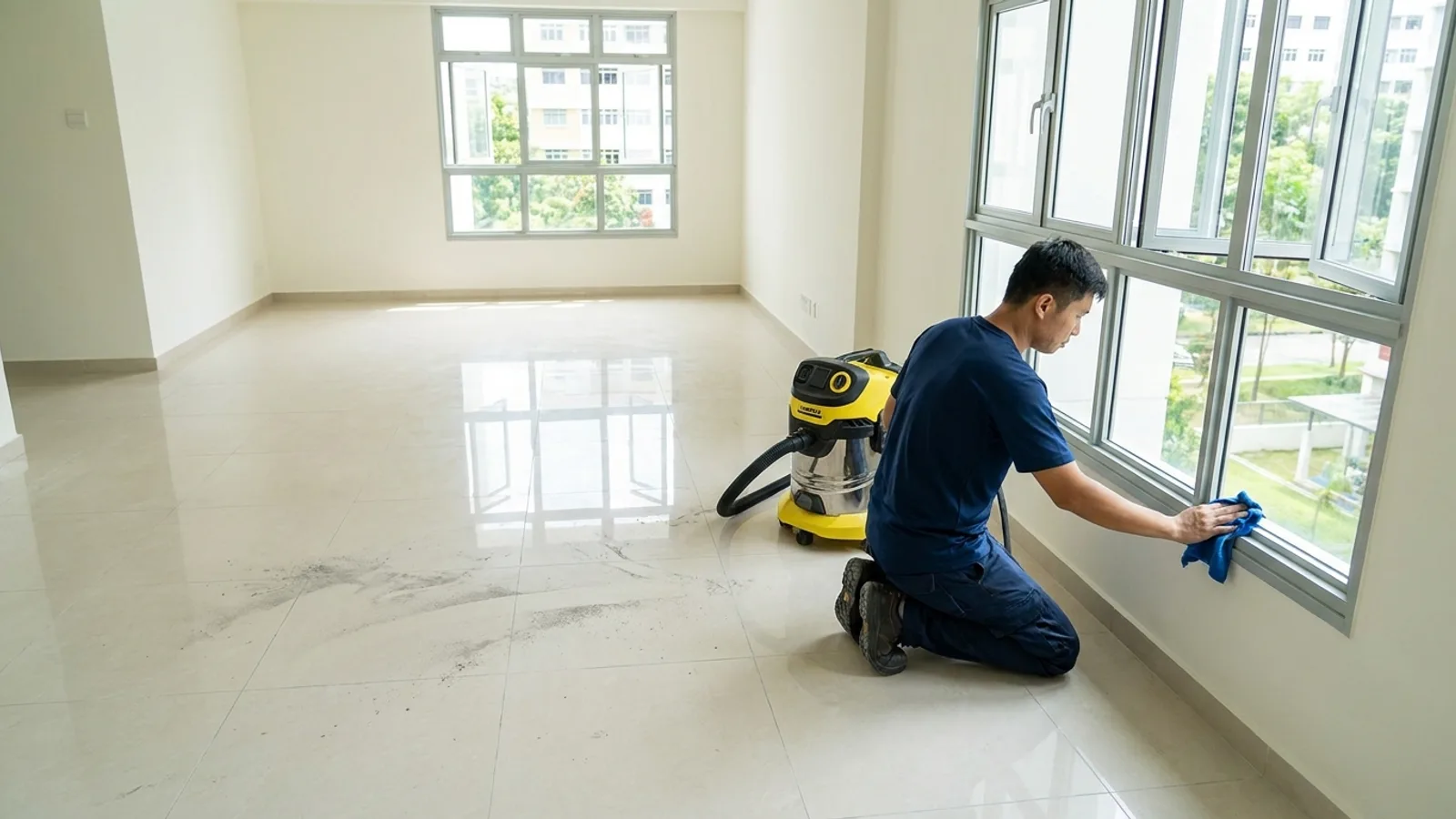 A professional cleaner wiping fine renovation dust off a window track in a freshly renovated Singapore HDB flat before move-in