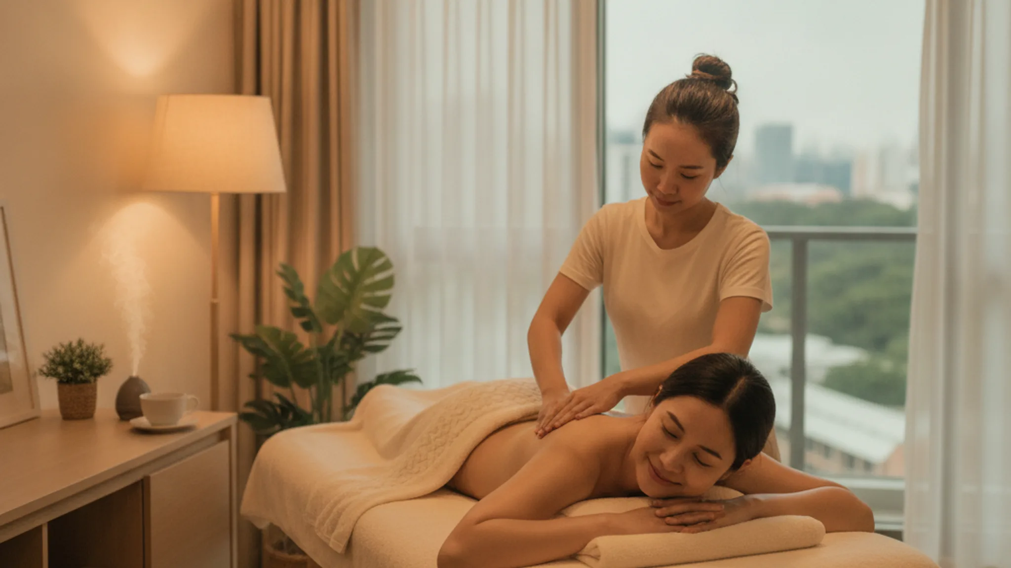 A new mother receiving a calm postnatal massage at home in Singapore, soft warm lighting and a serene recovery setting