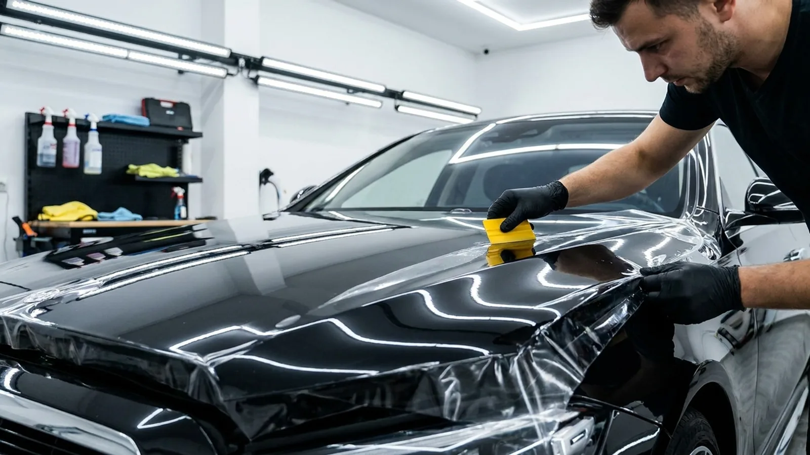 An installer carefully squeegeeing a clear paint protection film onto the bonnet of a glossy car in a clean, brightly lit studio, with the film wrapping neatly around the panel edge