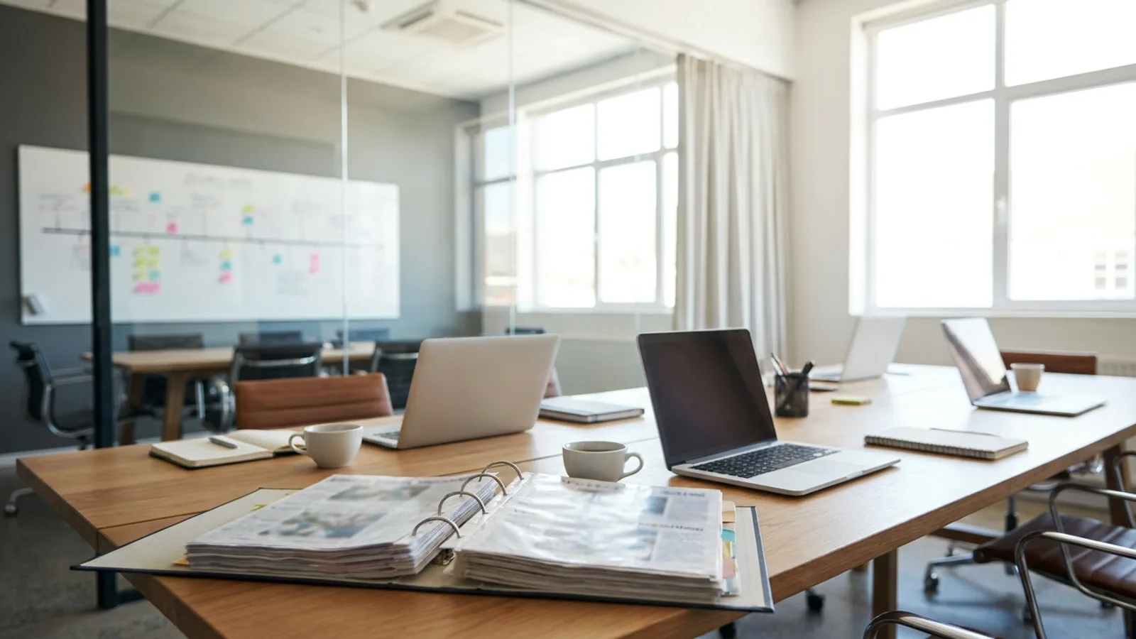 A communications agency workspace with laptops, an open press clipping folder and a planning whiteboard