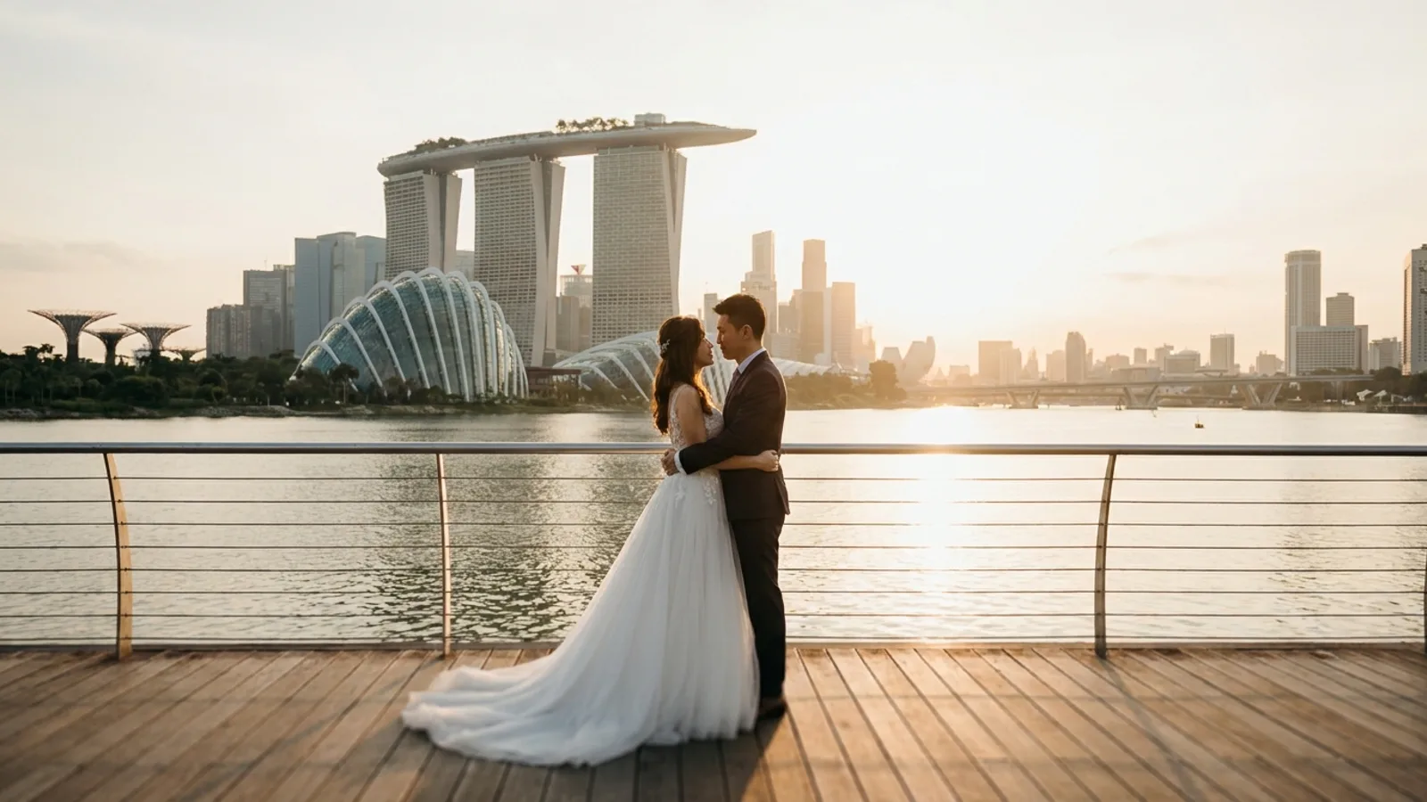 A couple posing for a pre-wedding photoshoot at a scenic Singapore location in a gown and suit at golden hour