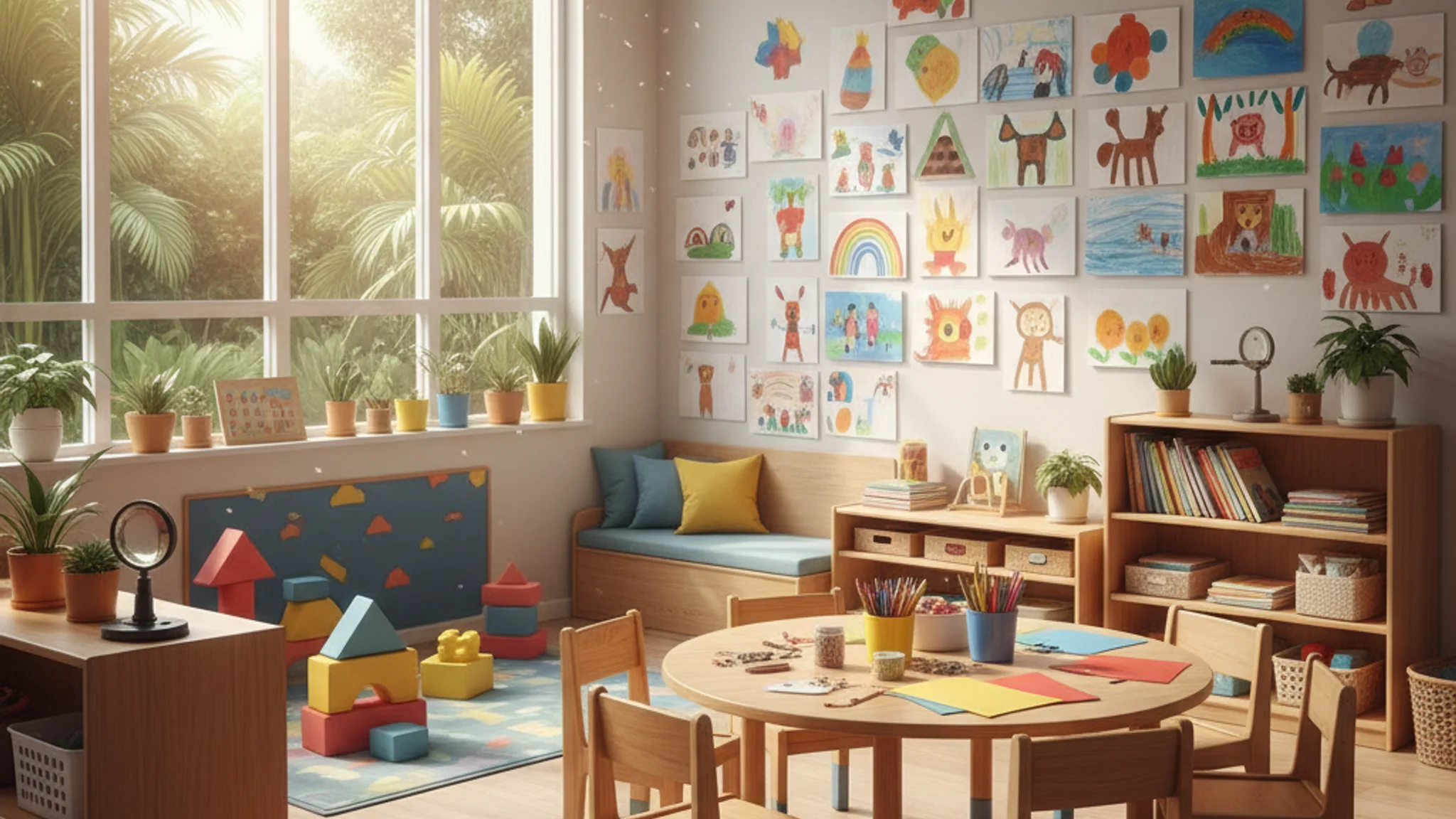 Bright and cheerful preschool classroom in Singapore with colourful learning stations and natural light