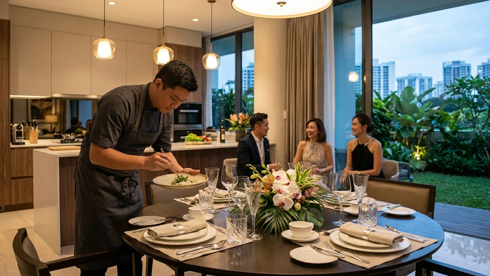 A private chef plating a course at a beautifully set home dining table in Singapore for a small group