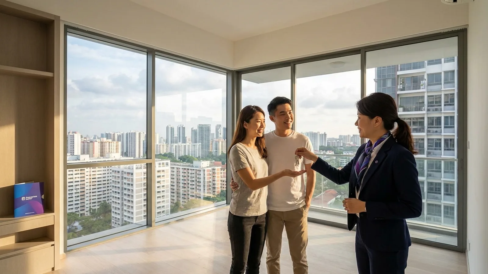 A professional Singapore property agent handing keys to a happy young couple in a new condominium, with the Singapore skyline through floor-to-ceiling windows