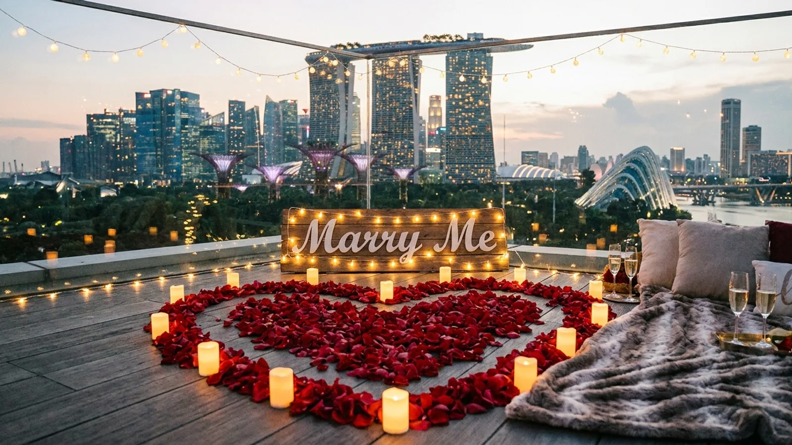 A romantic marriage proposal setup in Singapore with candles, flowers, fairy lights and a Marry Me sign at dusk