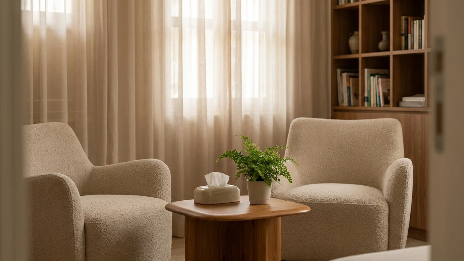 A calm therapy consultation room with two armchairs facing each other, a side table and soft daylight through sheer curtains