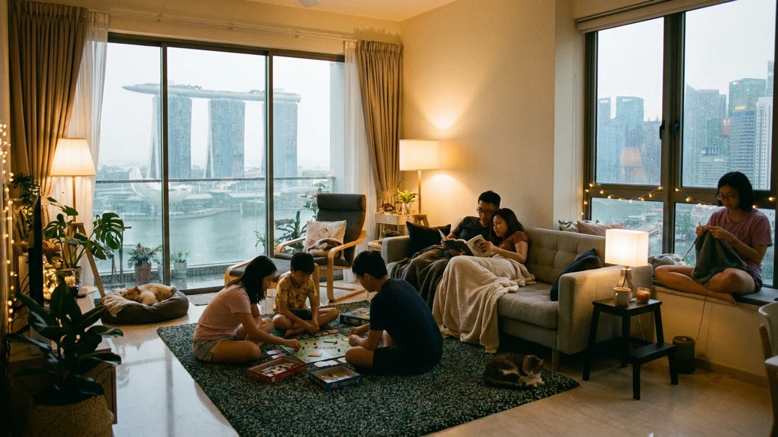 A cosy indoor scene in Singapore on a rainy day, people enjoying activities indoors while rain streaks the windows with the city skyline beyond