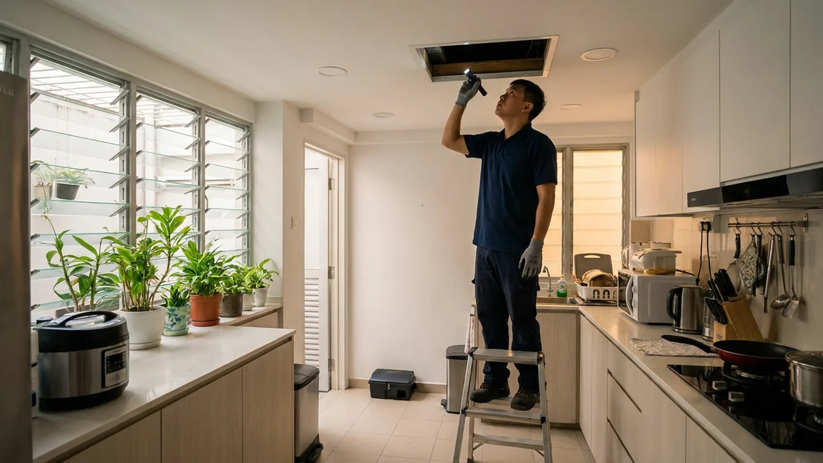 A pest control technician on a step ladder shining a torch into a false-ceiling hatch in a Singapore terrace house kitchen, with a rodent bait station on the floor