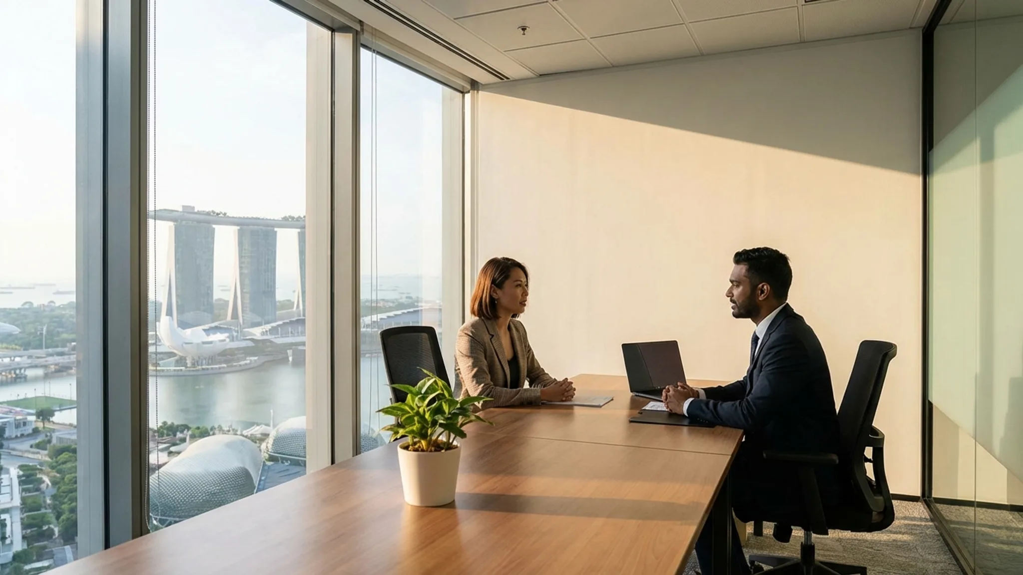 Professional recruitment meeting in a modern Singapore CBD office with city skyline view, representing the best recruitment agencies in Singapore