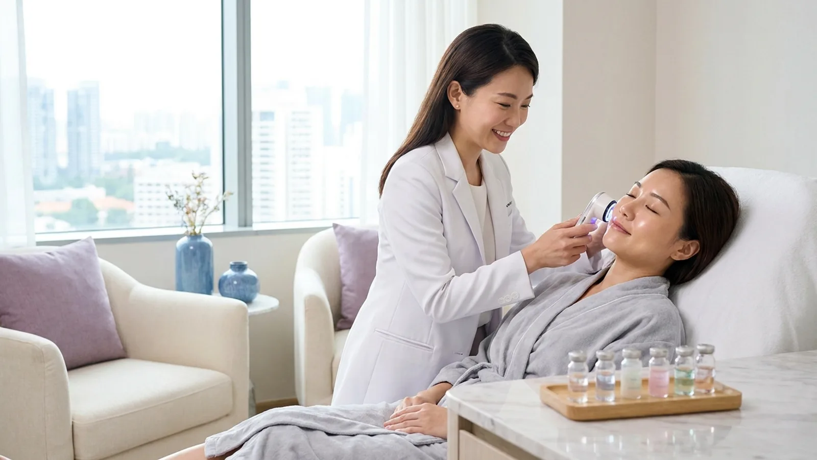 A doctor examining a patient with radiant skin in a modern aesthetic clinic in Singapore
