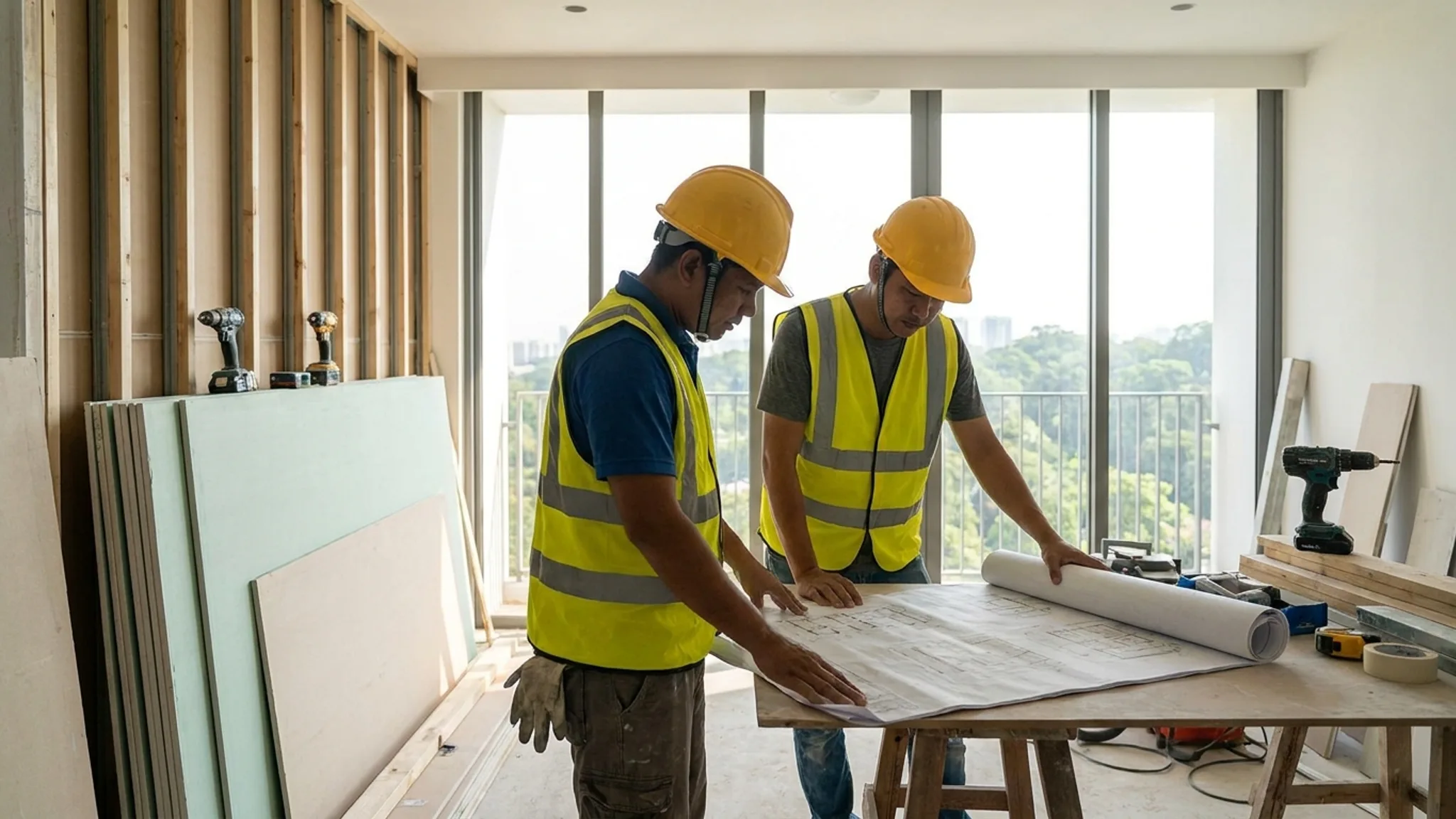 Modern Singapore HDB flat undergoing renovation with professional contractors reviewing blueprints