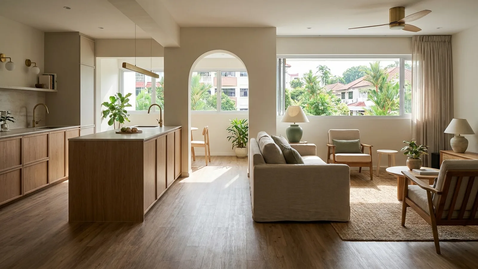 A renovated older Singapore HDB resale flat with a reconfigured open-plan kitchen, new flooring and warm modern finishes