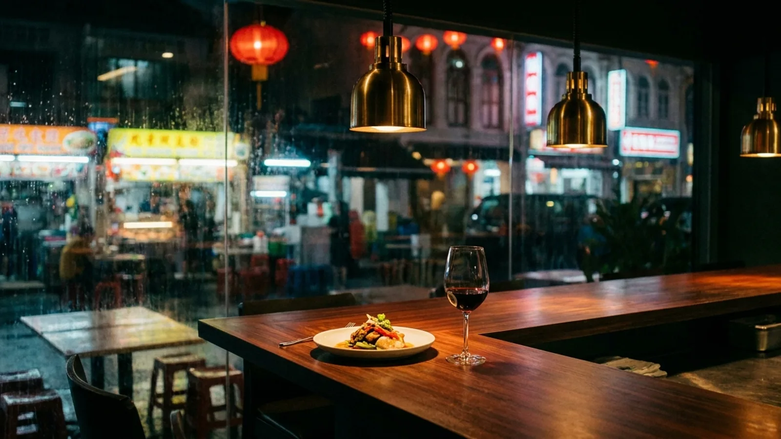 A plated dish on a dark chef counter with the glow of a hawker centre street visible through the window behind