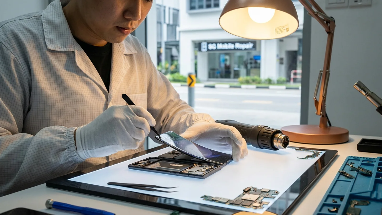 A technician replacing the curved AMOLED display of a Samsung Galaxy phone on a clean repair bench in a Singapore phone repair shop