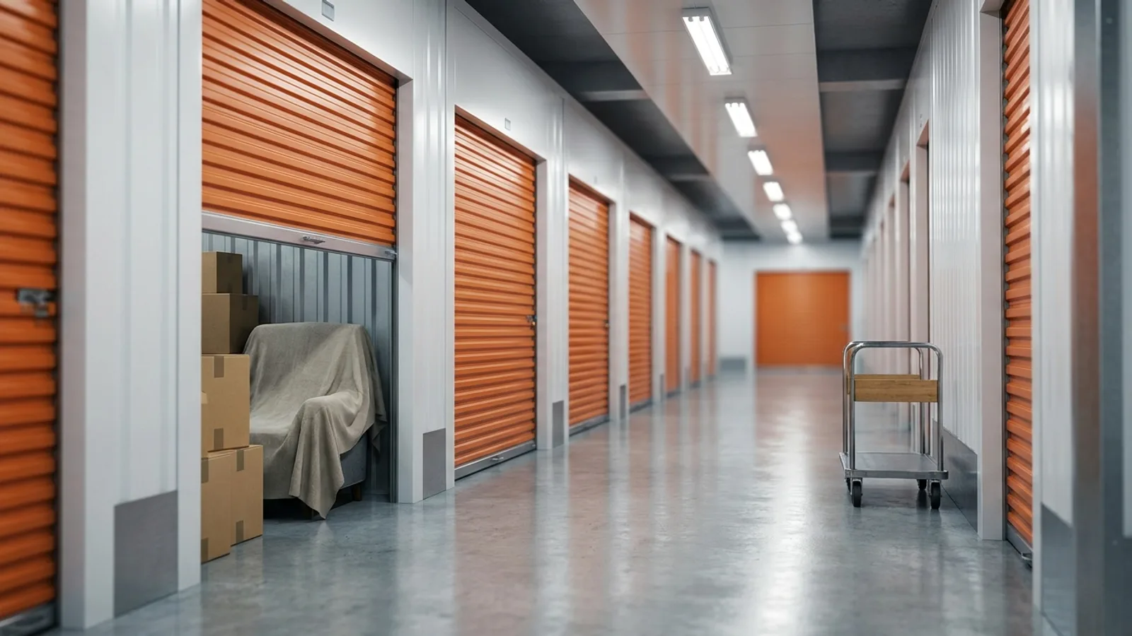 A brightly lit self storage corridor with a row of orange roller-shutter doors and one unit open showing stacked boxes