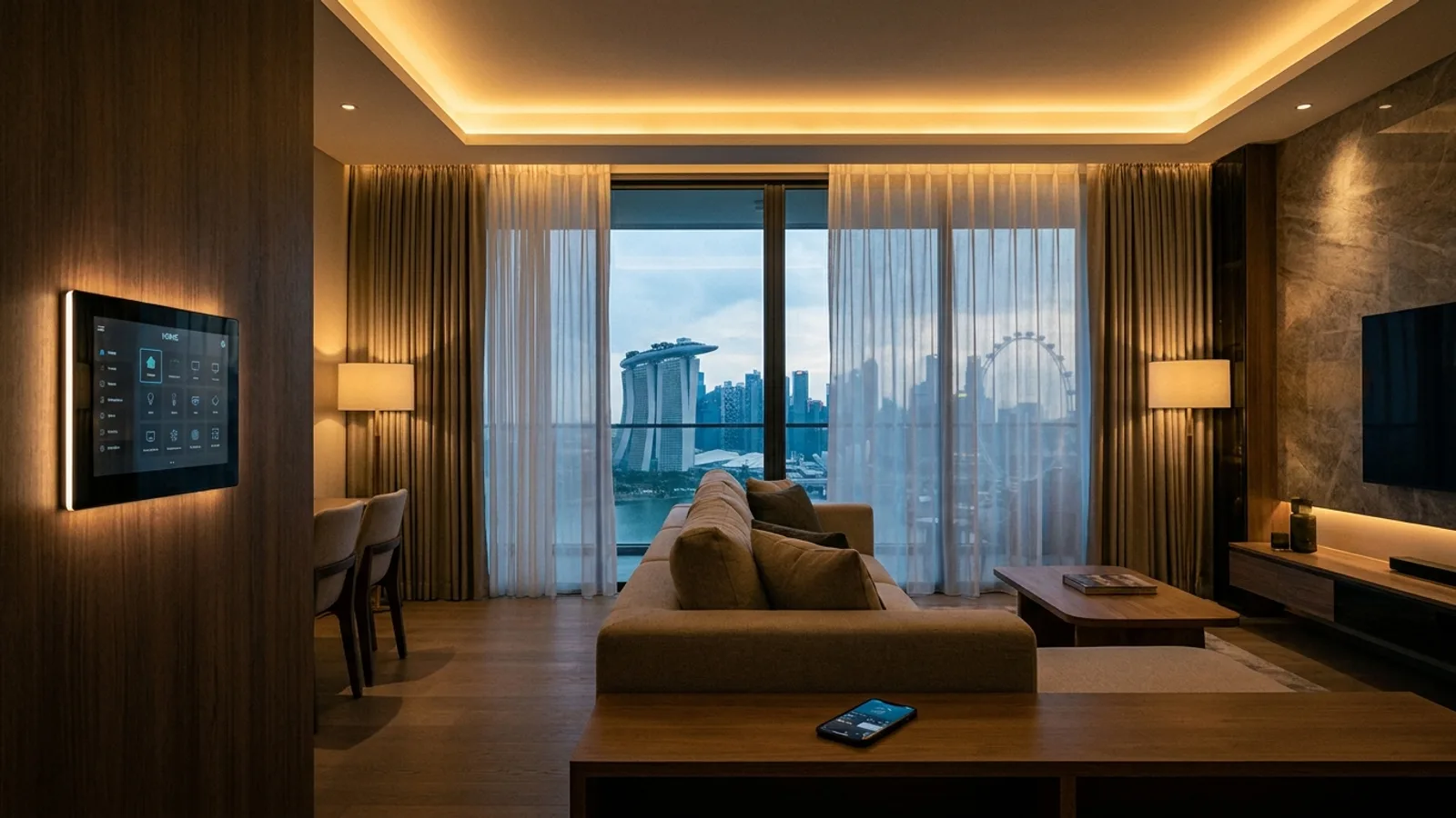 A modern Singapore condo living room with smart lighting, motorised curtains and a wall control panel