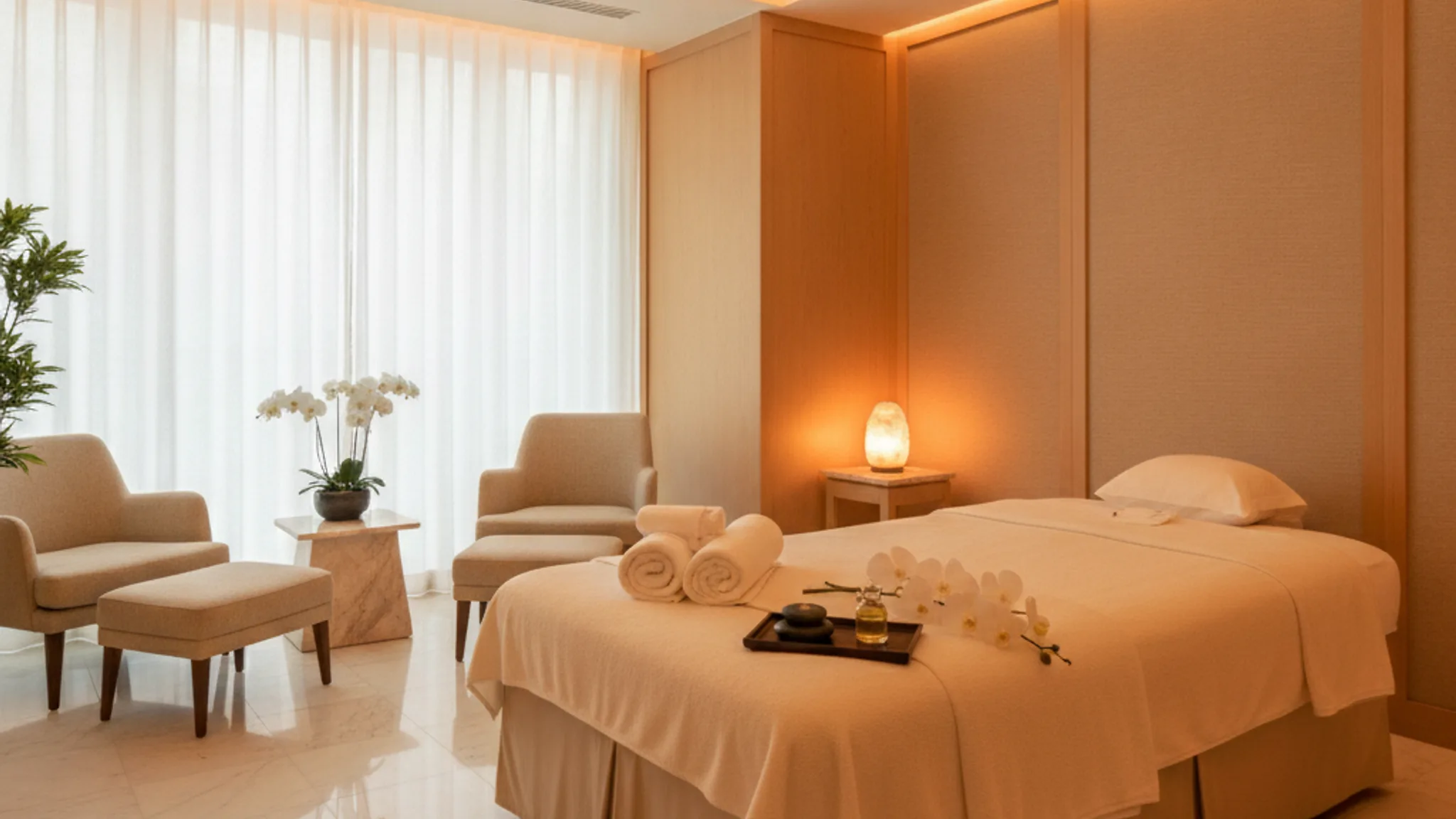 Serene luxury day spa treatment room in Singapore with warm lighting, folded towels and orchids, one of the best spa Singapore experiences